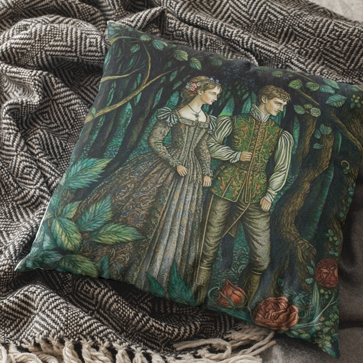 Victorian Couple in the Forest Cushion